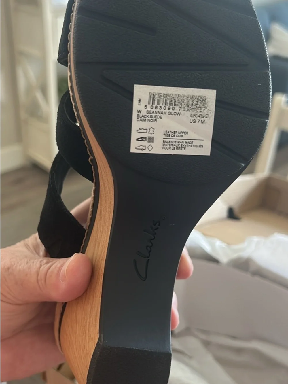Clarks Black Suede Crossover Wedge Sandals with Wood-Effect Platform